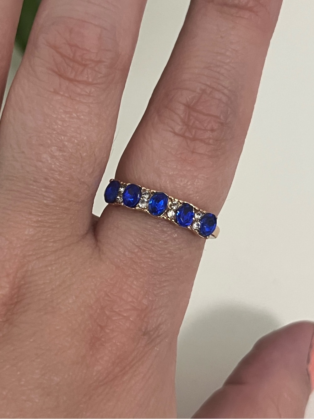 Blue Stone & Gold Tone Costume Ring, Size 8